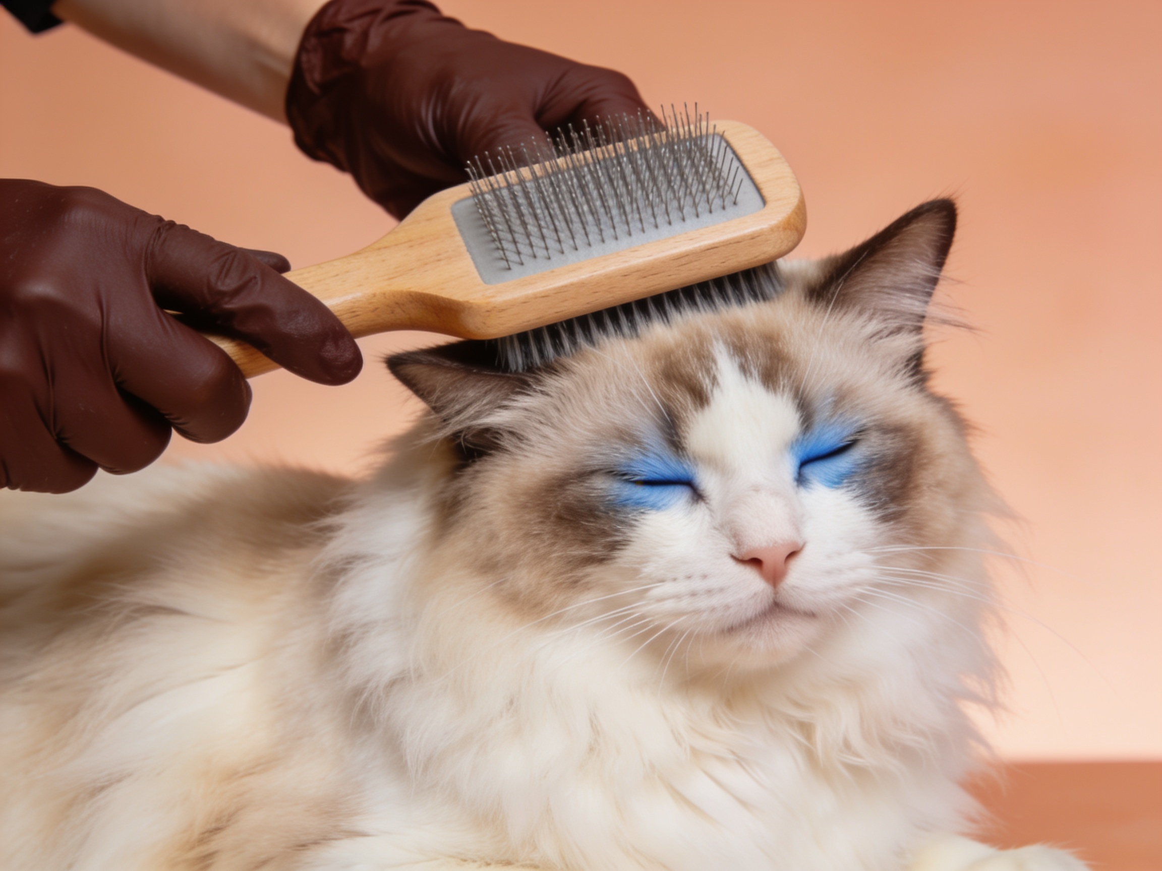 Relaxed ragdoll cat being gently brushed