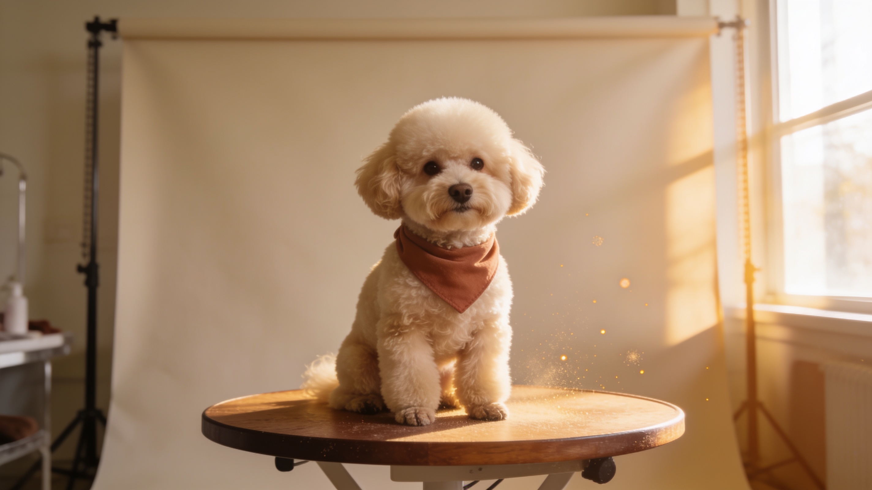 Freshly groomed toy poodle with a terracotta bandana at Scissor Pet Grooming