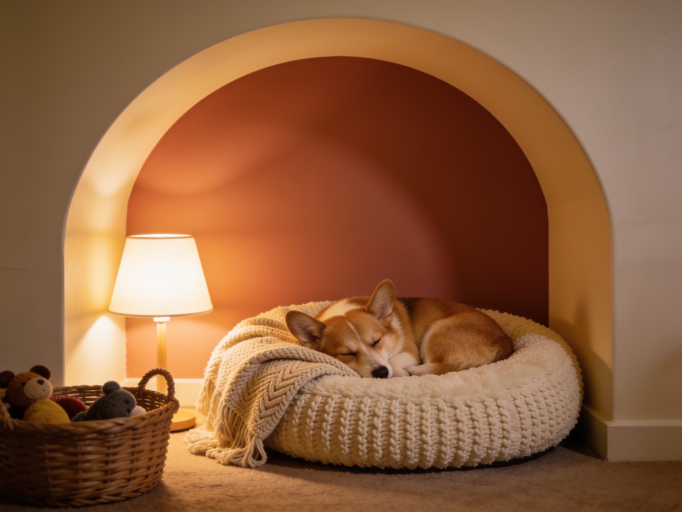 Corgi sleeping soundly in a plush bed at the pet hotel