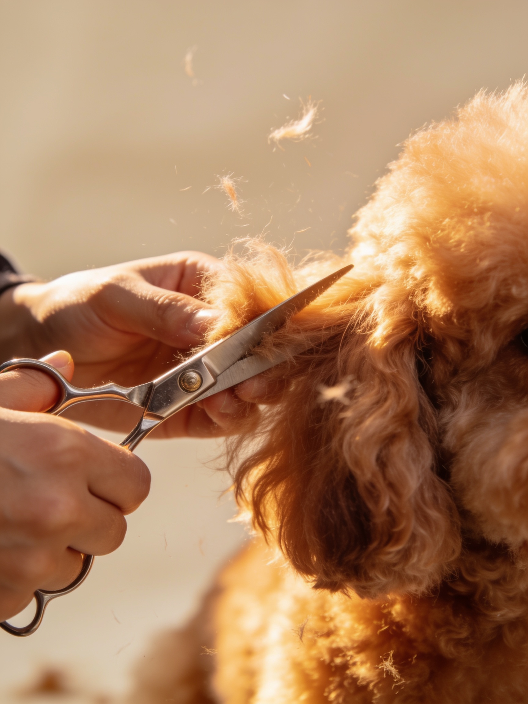 Groomer hand-scissoring a poodle coat
