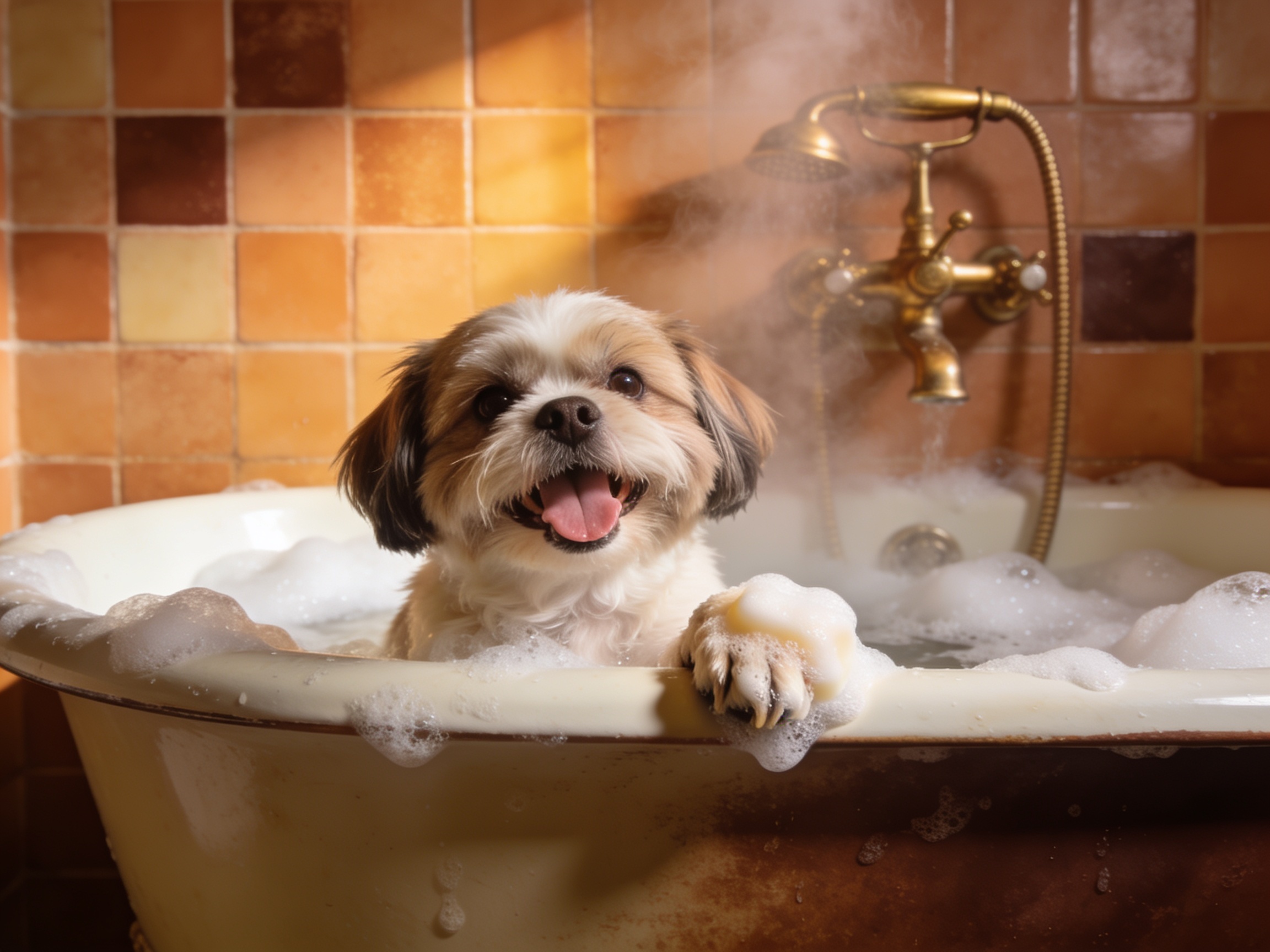 Shih tzu enjoying a bubble bath at the pet spa